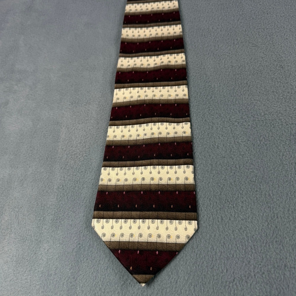 Di Moggio Mens Silk Tie Burgundy Tan Cream Striped Hand Made Necktie